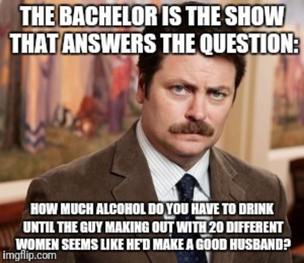 A promo image of Ron Swanson from Parks and Recreation in a meme about The Bachelor