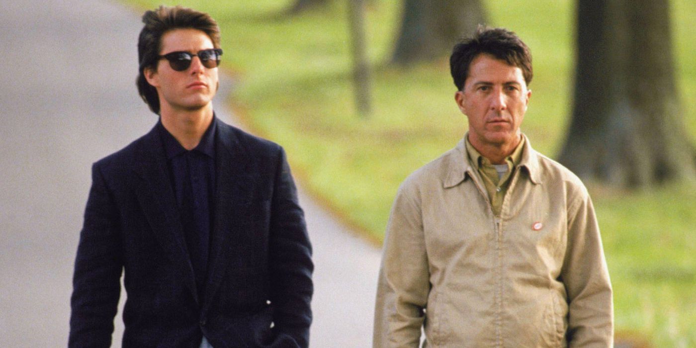 Charlie and Raymond walk in a park in Rain Man