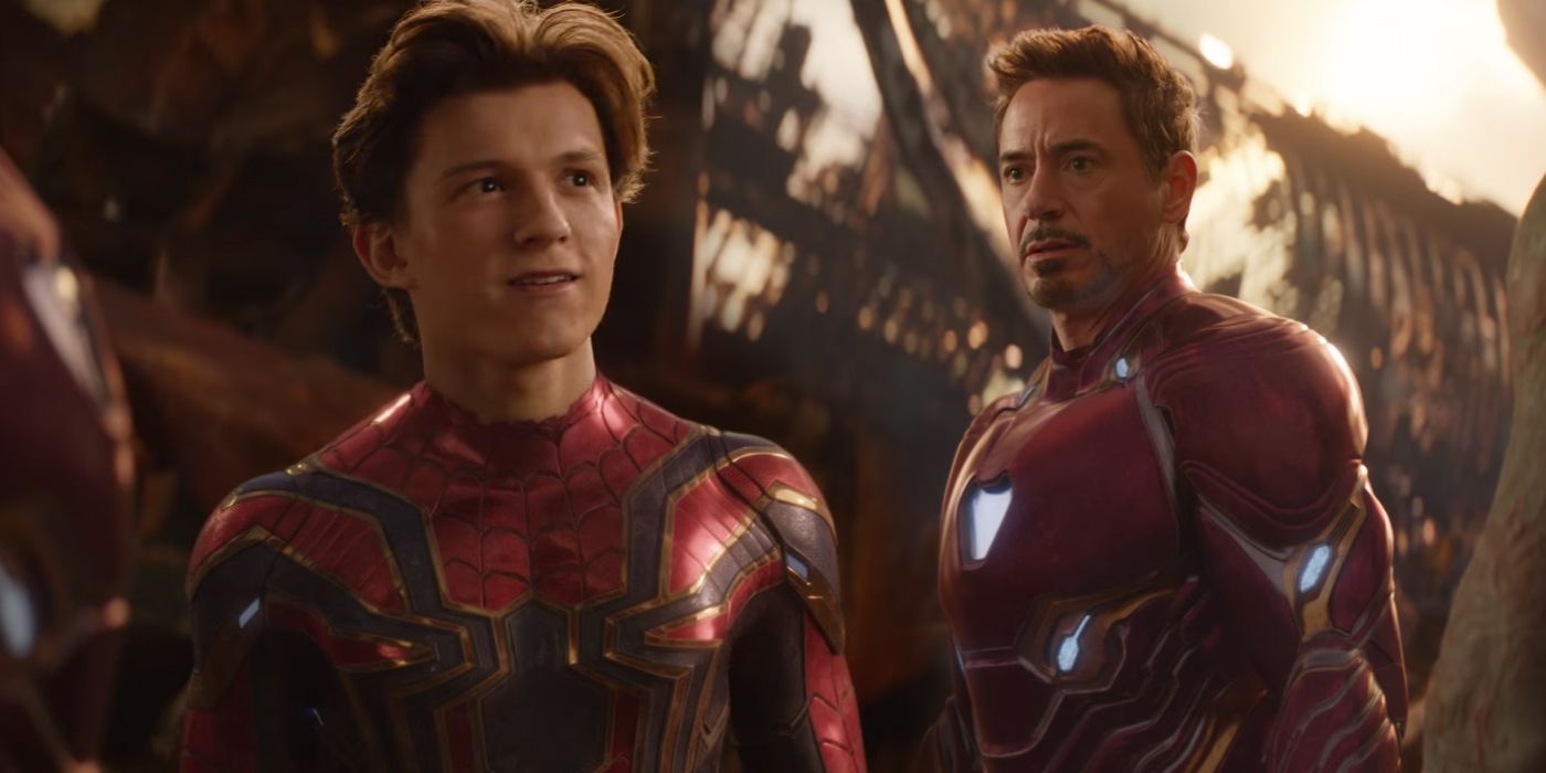 Tom Holland as Spider-Man and Robert Downey Jr as Iron Man in Avengers Infinity War