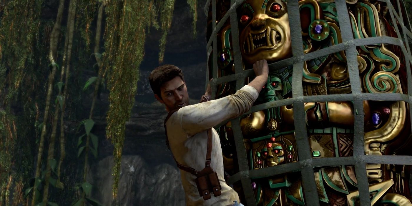 Nathan Drake hanging on a net in Uncharted 
