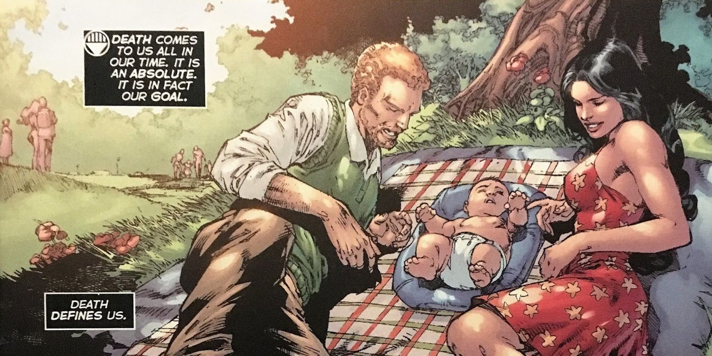 Donna Troy with her husband and child on a picnic blanket in DC Comics