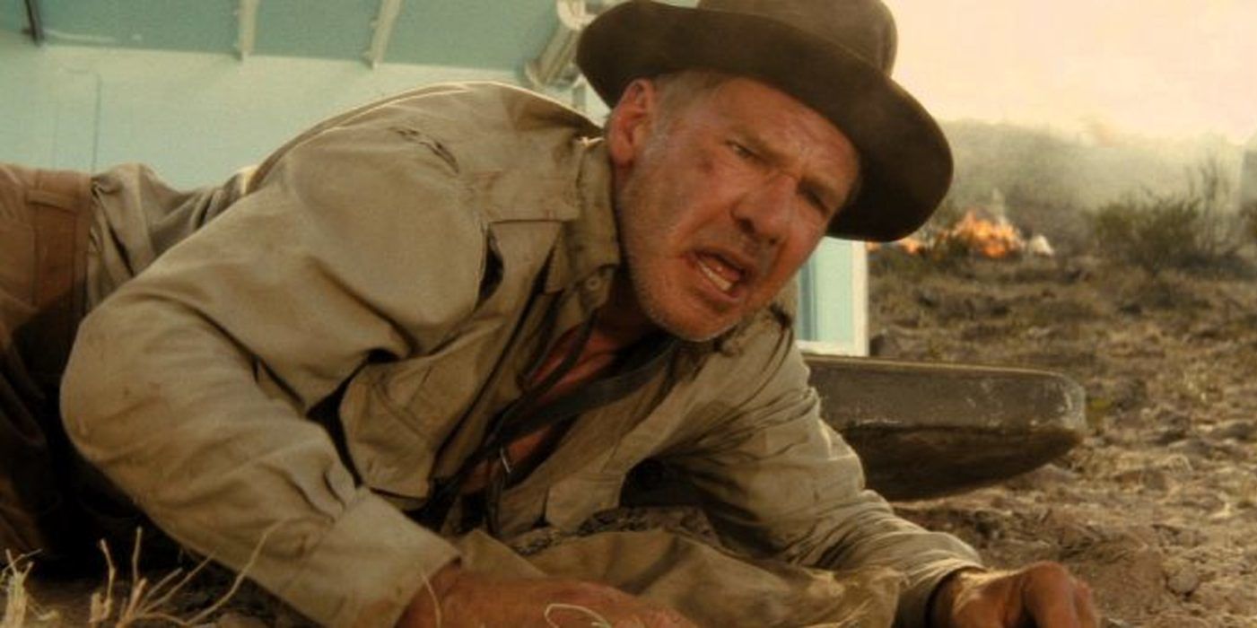 Harrison Ford as Indiana Jones on the ground in Indiana Jones and the Kingdom of the Crystal Skull