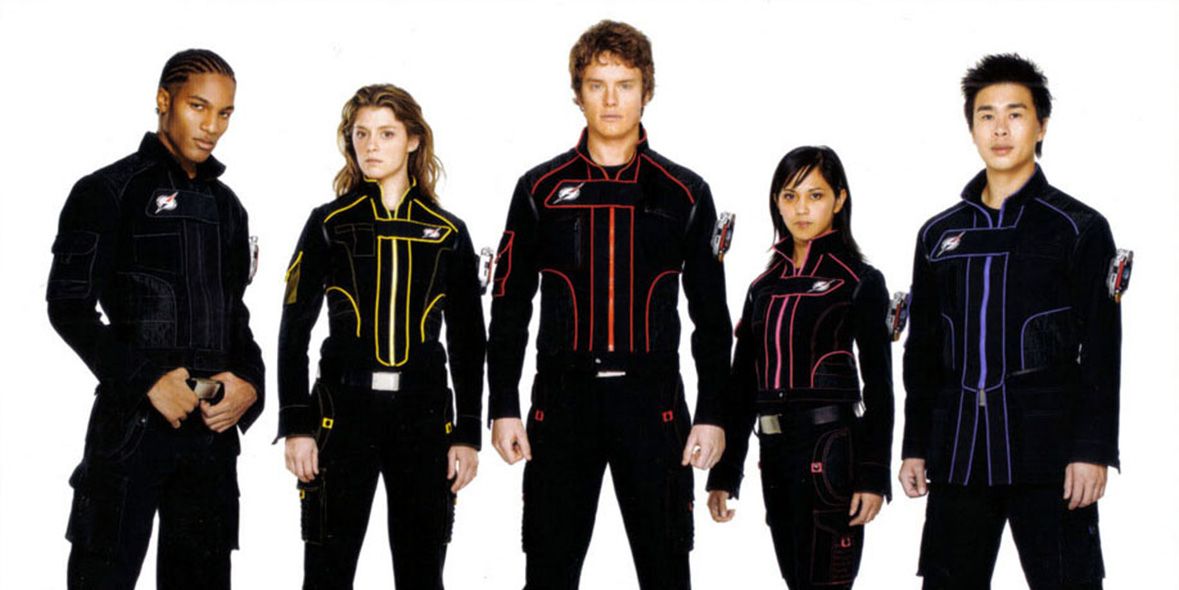 The five Operation Overdrive Power Rangers stand in their jumpsuits instead of their uniforms