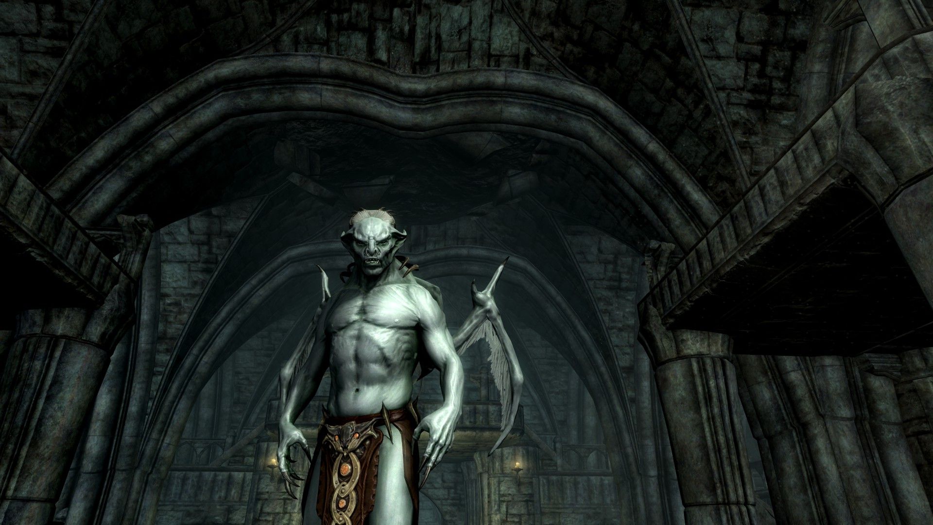 An image of a Vampire Player Character inside a dungeon in Skyrim