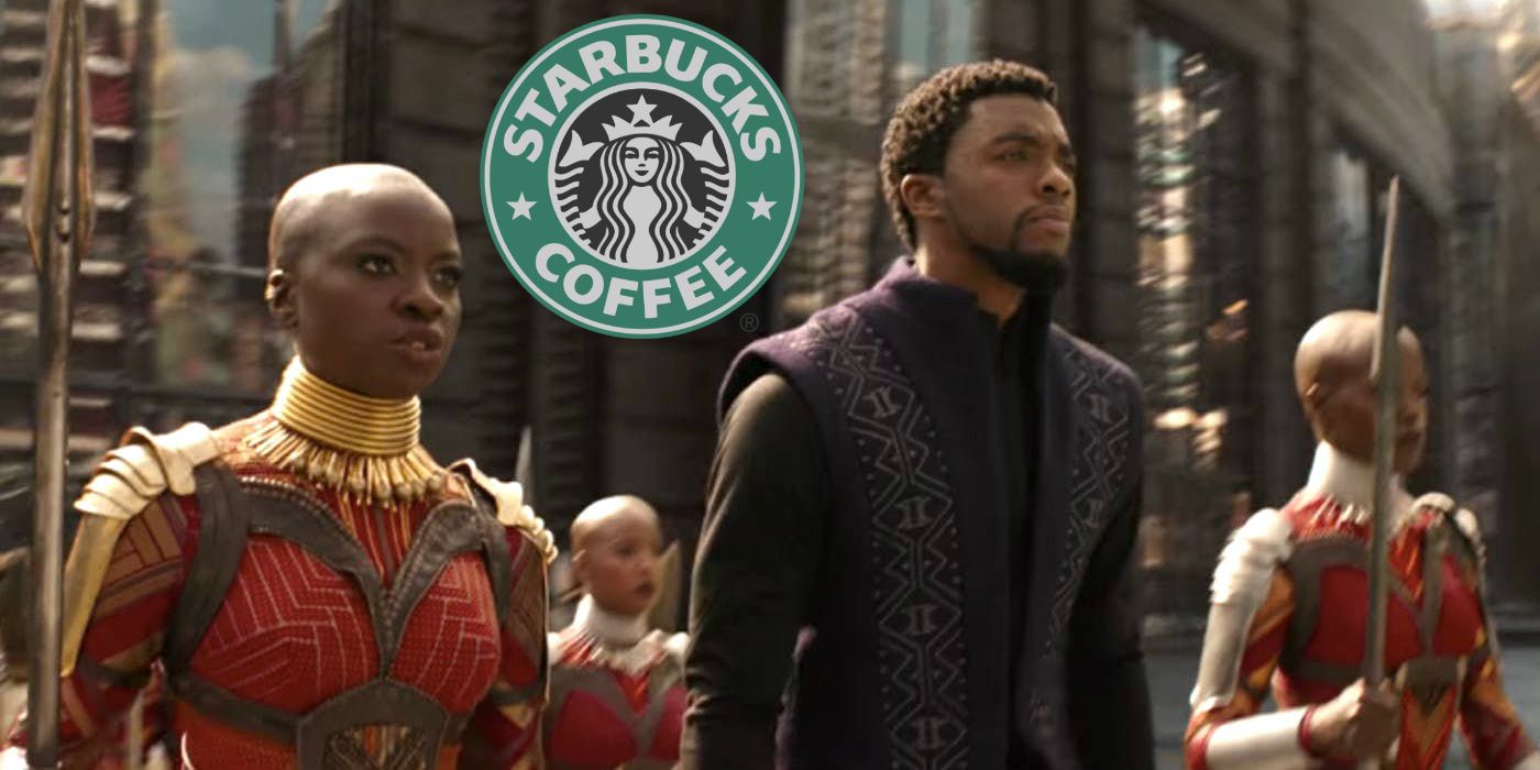 Okoye and T'Challa talking in Wakanda in Avengers: Infinity War with the Starbucks logo on top