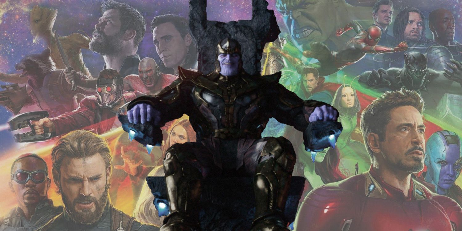Thanos sits on his throne, flanked by the Avengers