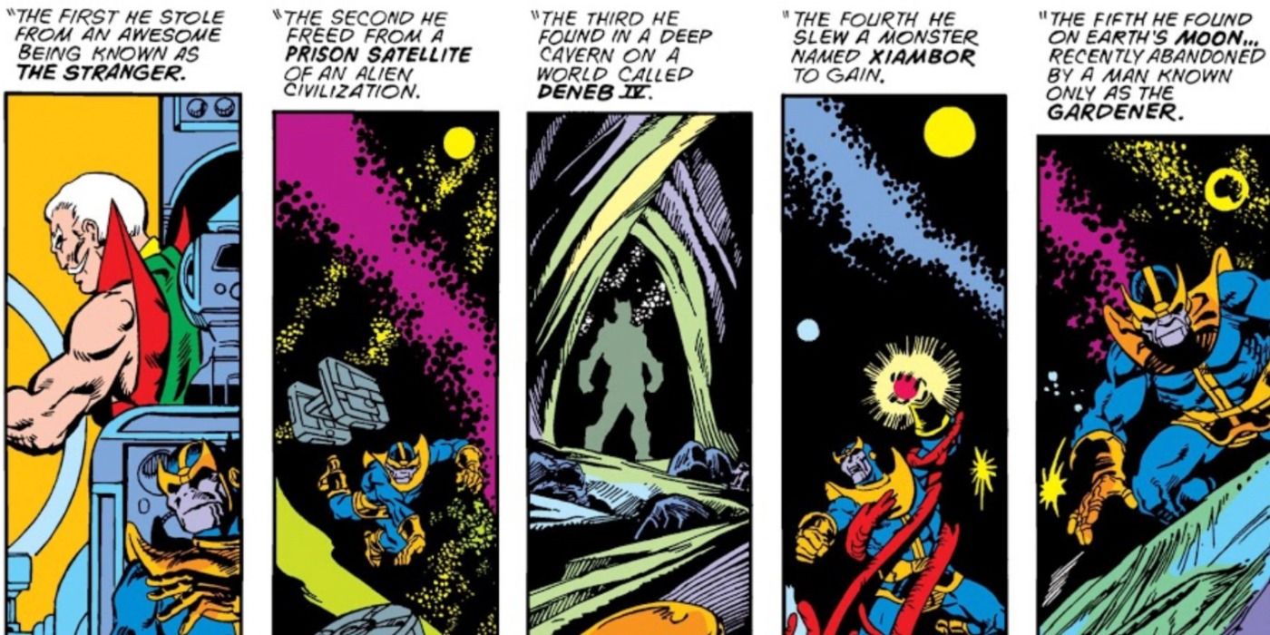 A comic book panel from Avengers Annual Issue 7 depicts Thanos finding five of the Infinity Gems