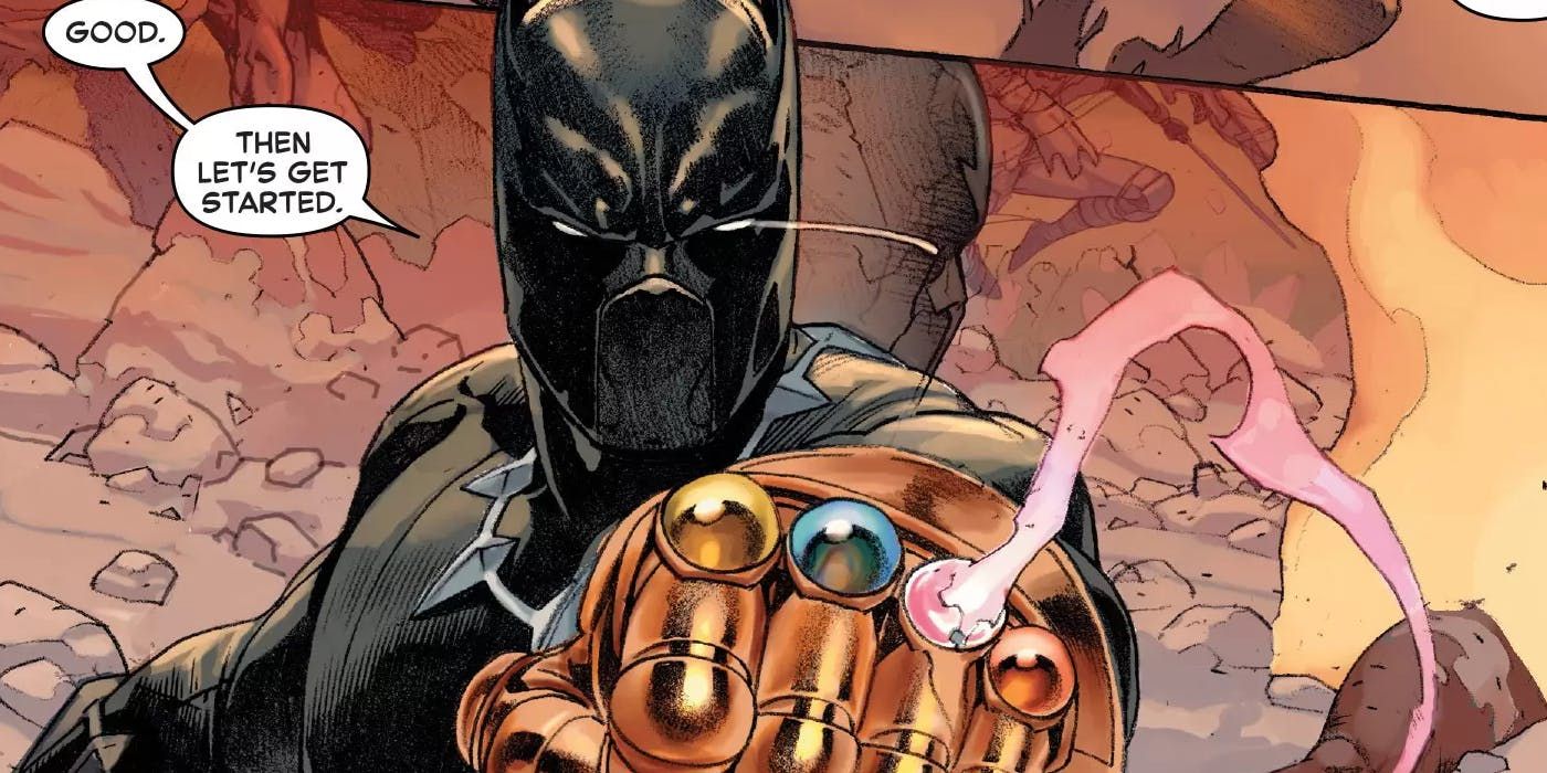 Black Panther gets ready to raise the dead with the Infinity Gauntlet in Marvel Comics.