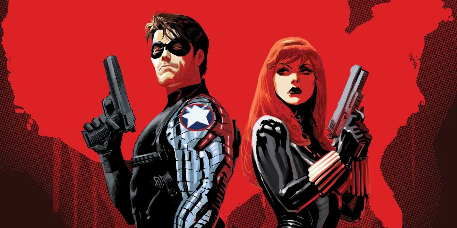 Bucky and Black Widow stand back to back with guns in their hands 