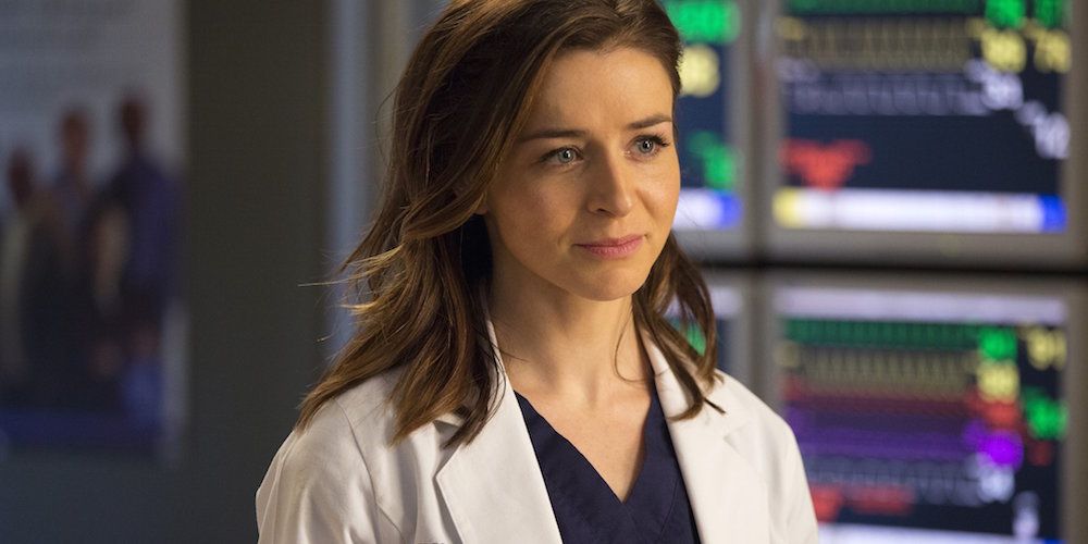 Amelia looking serious at the hospital on Grey's Anatomy