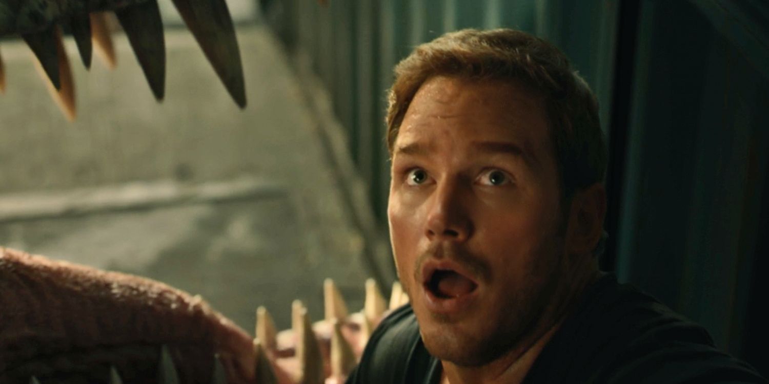 Chris Pratt with a T-Rex in Jurassic World 2