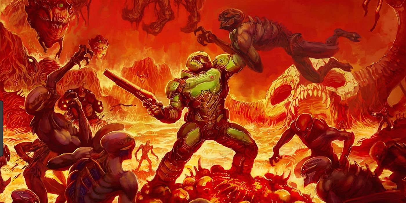 O Doom Slayer lutando contra demônios no jogo Doom 2016