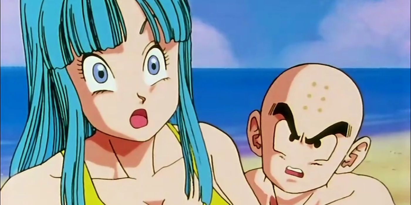 Maron watches something in surprise and Krillin gets mad