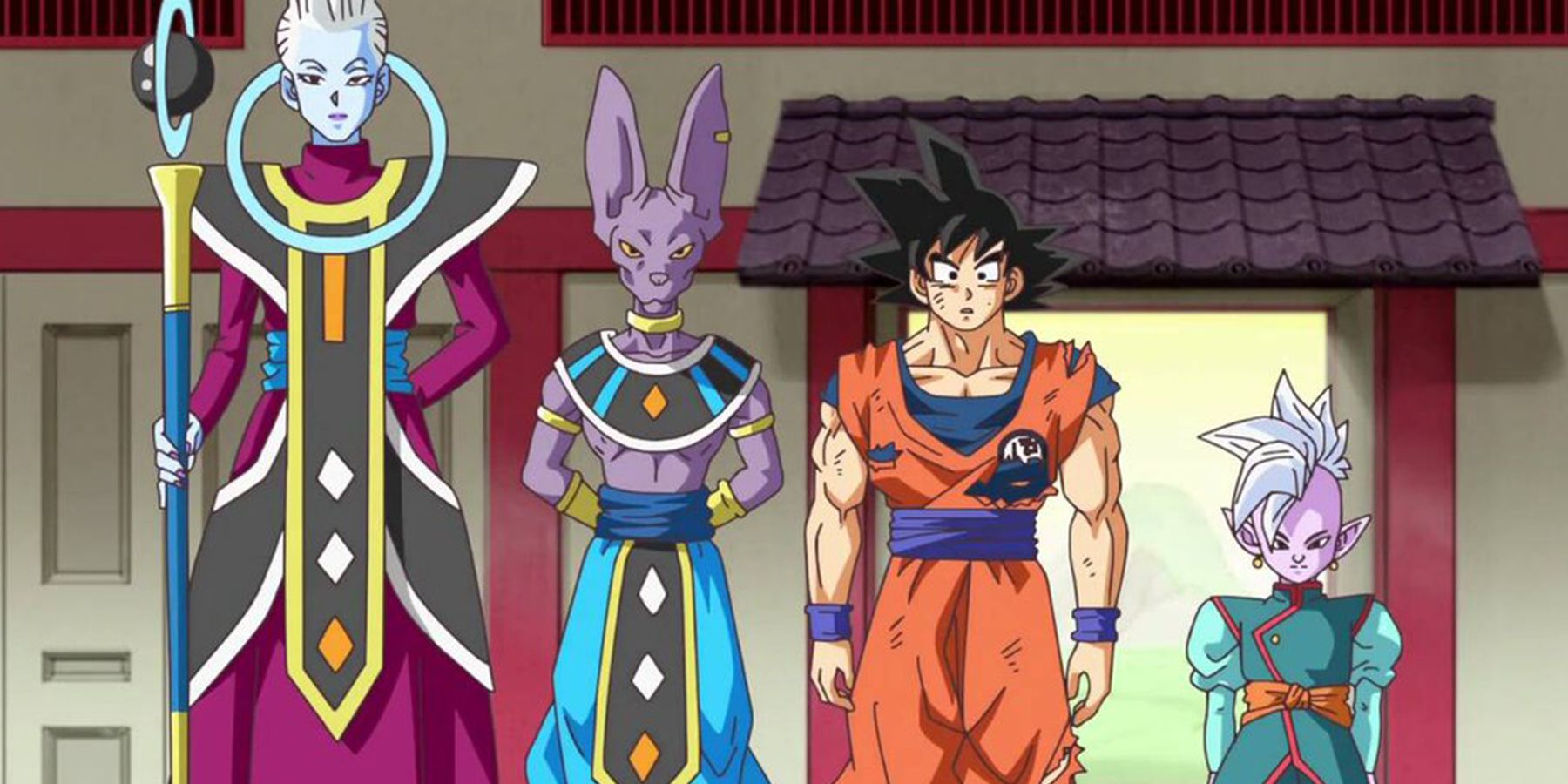 (Left to Right) Whis, Beerus, Goku, and Supreme Kai Shin are standing together.