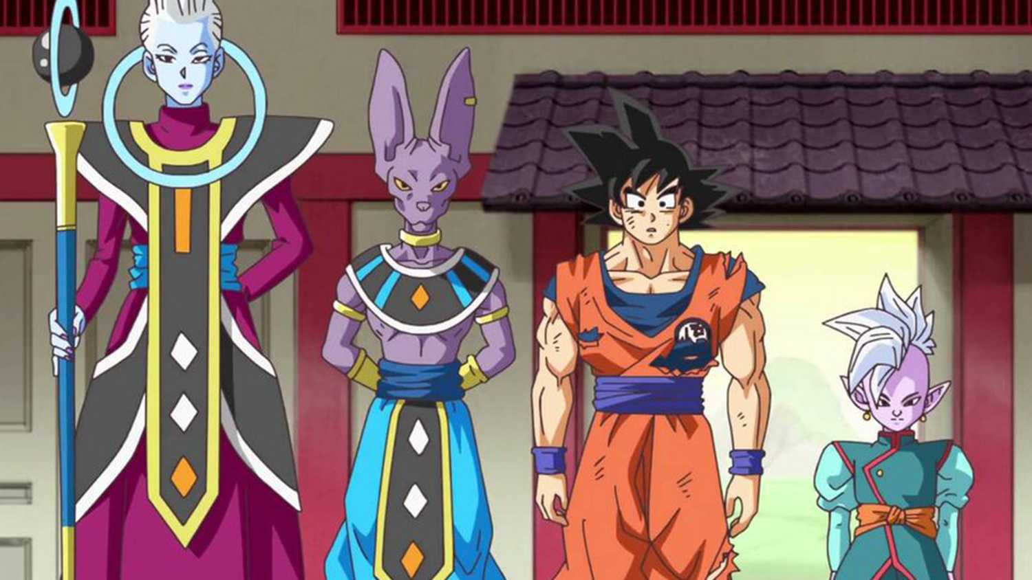 (De gauche à droite) Whis, Beerus, Goku et Supreme Kai Shin se tiennent ensemble