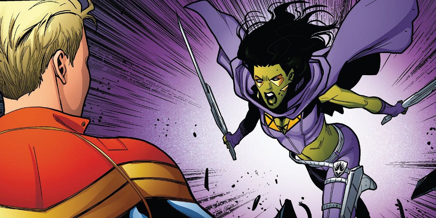 Gamora fights Captain Marvel in Marvel Comics.