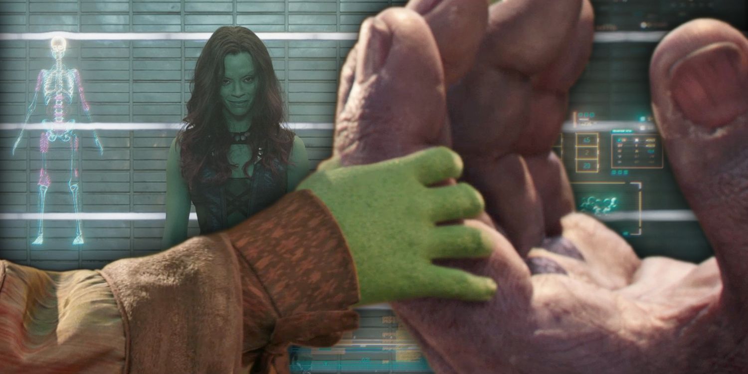 A blended image features the hands of young Gamora and Thanos over Gamora's prison intake image in Guardians of the Galaxy