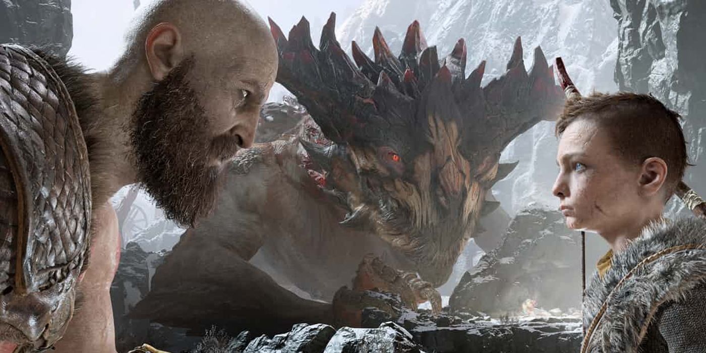 Kratos looking at Atreus in God of War 2018