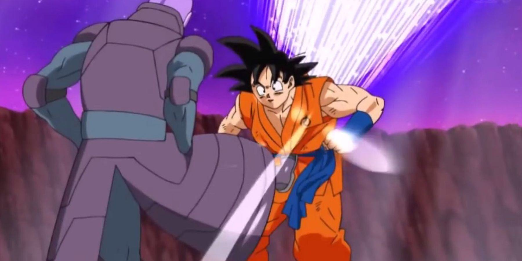 Goku fights hit in the Tournament of Destroyers in Dragon Ball Super.