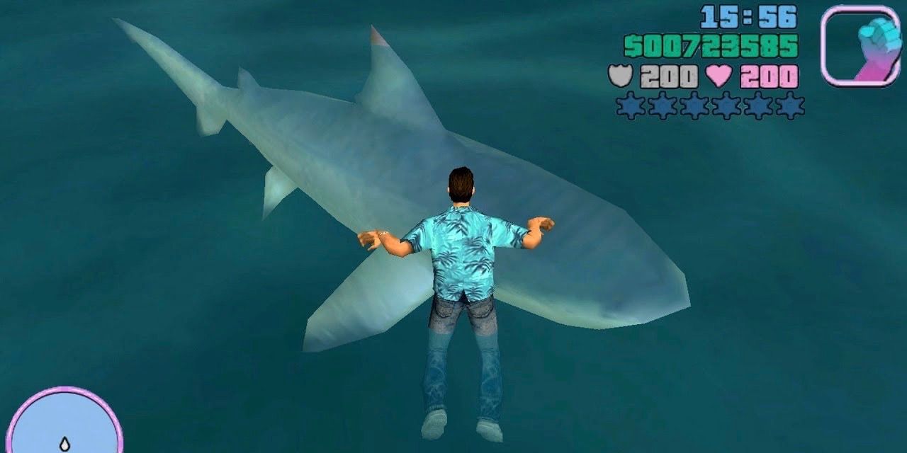 Tommy Vercetti swims with sharks in Vice City