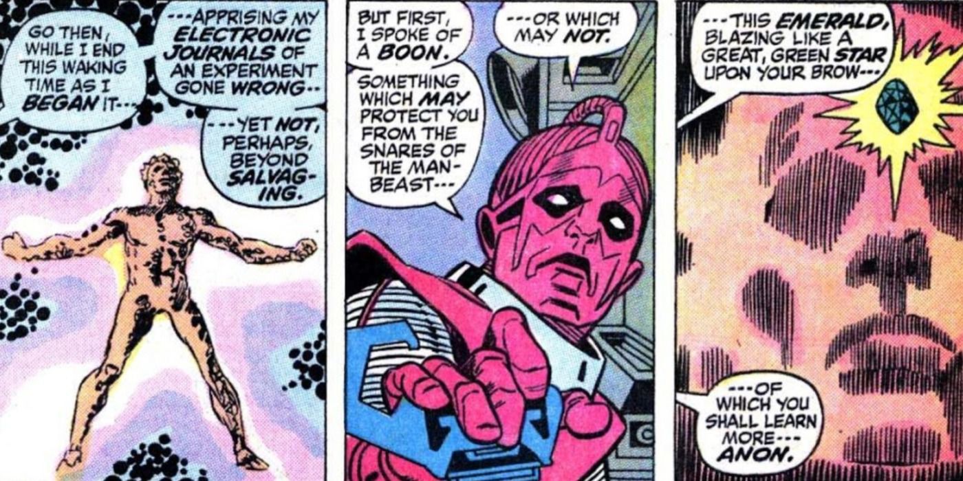 A comic book panel depicts the High Evolutionary gifting Adam Warlock with the Soul Gem.