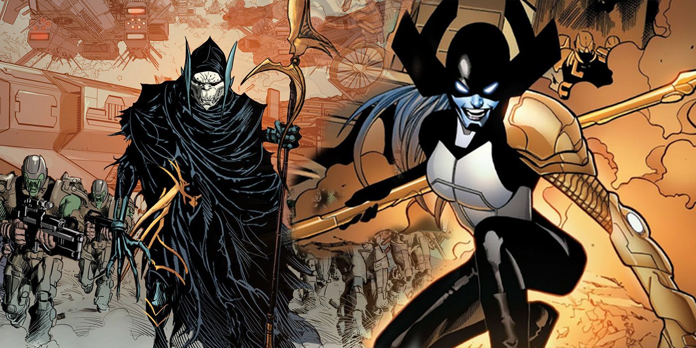 Corvus Glaive and Proxima Midnight lead the Black Order into battle in Marvel Comics.