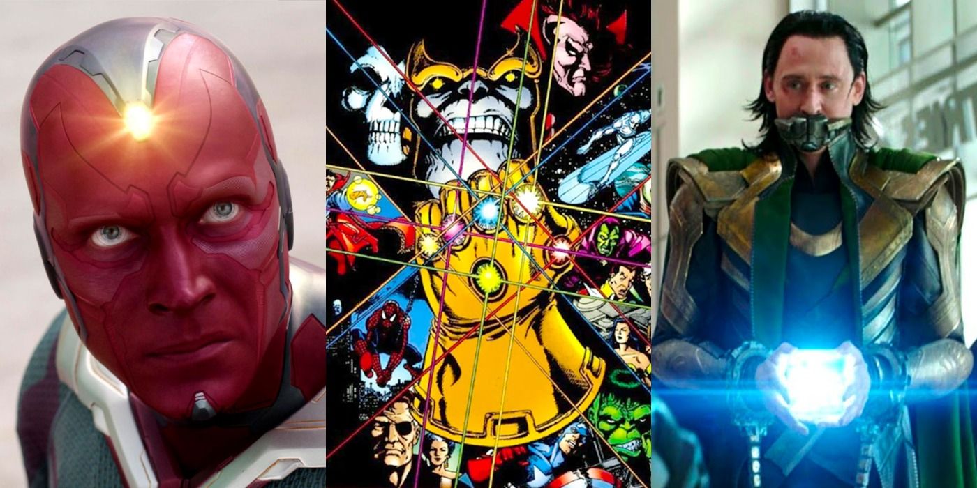 A split image depicts Vision with the Mind Stone, the comic book cover art for the Infinity Gauntlet, and a muzzled Loki with the Tesseract