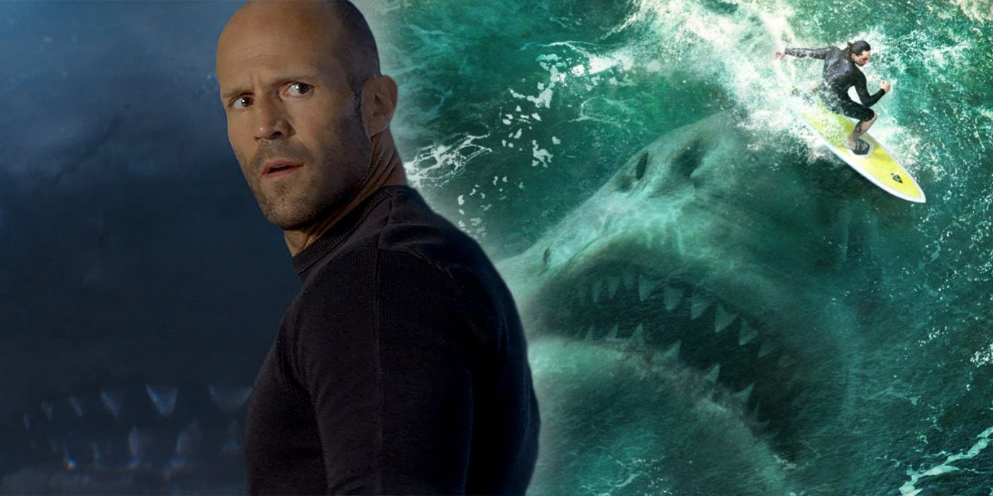 Jason Statham in The Meg with a book cover of the same name