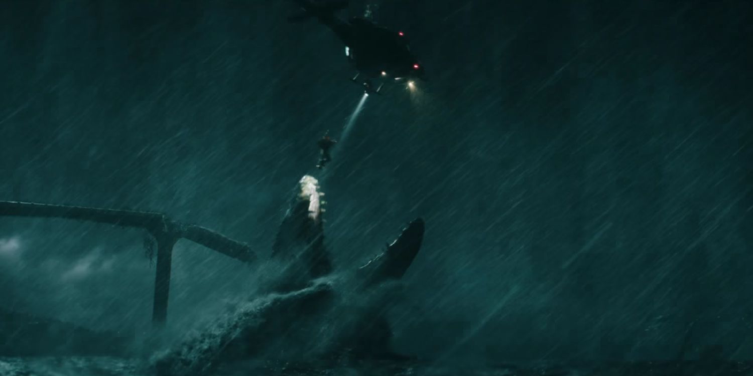 The Mosasaurus being attacked in Jurassic World.