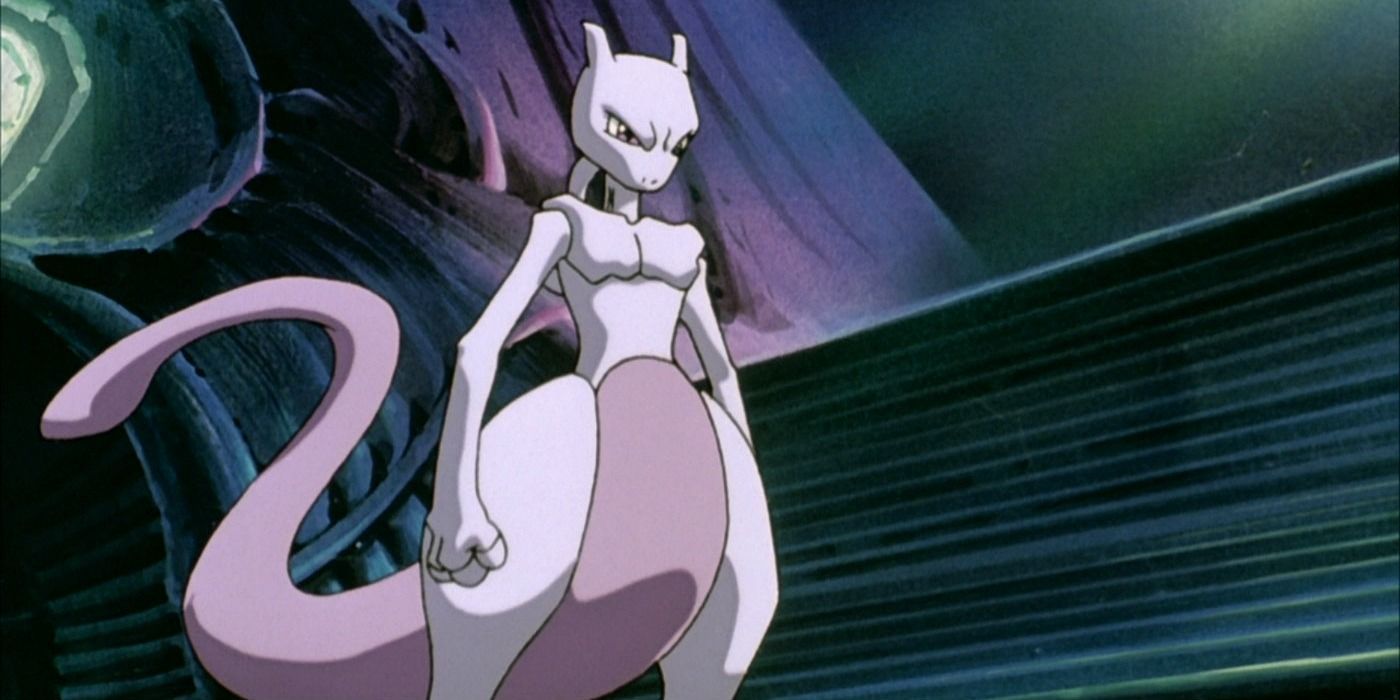 Mewtwo stands menacingly in the Pokemon anime