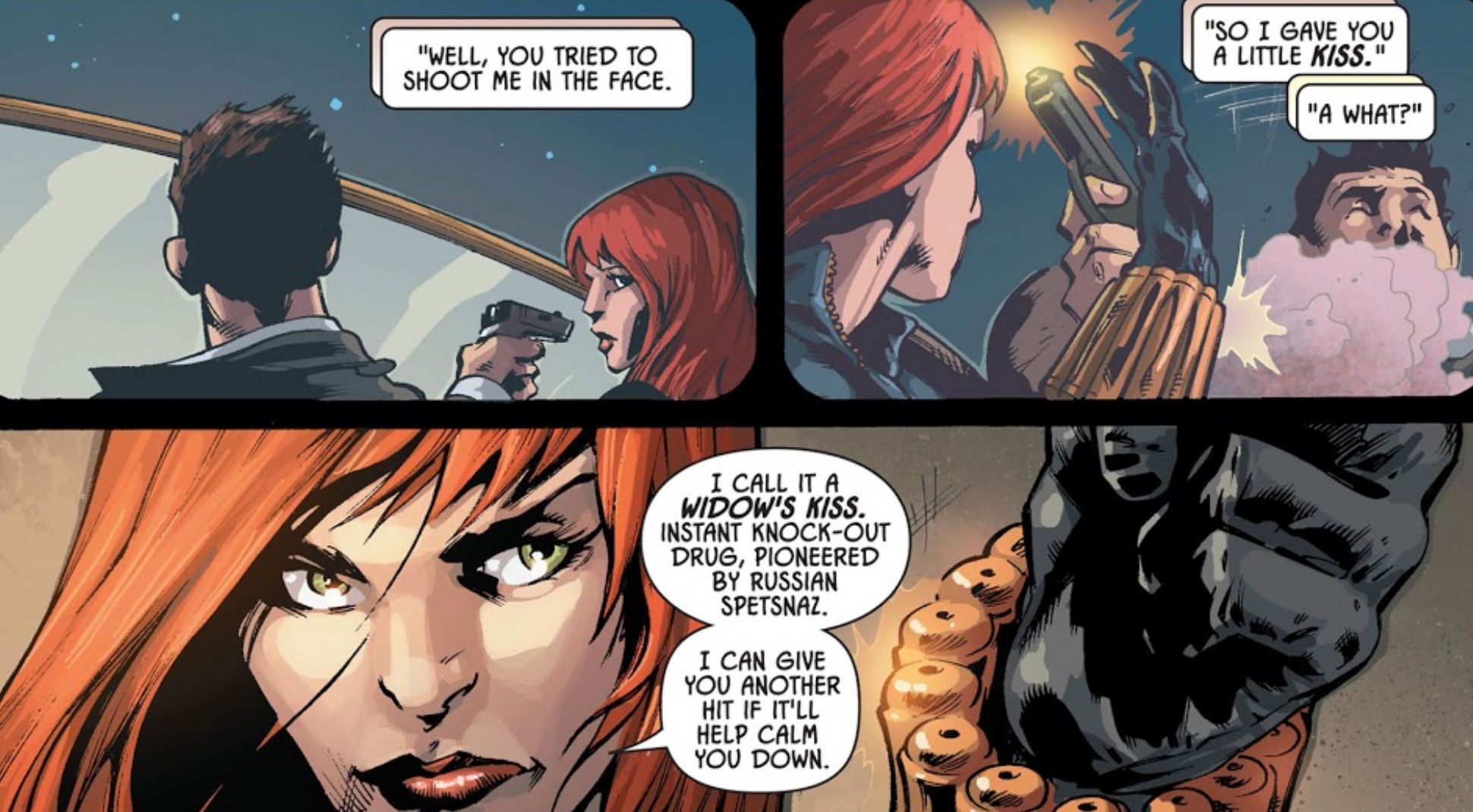 Natasha Uses the Widows Kiss In Black Widow Kiss Or Kill