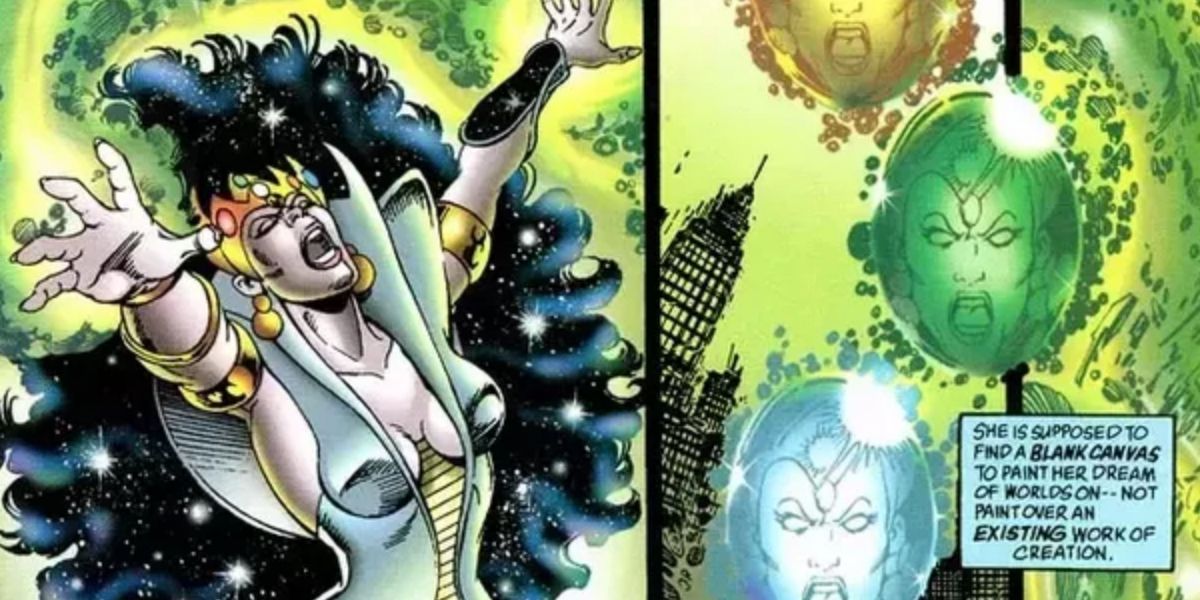 A comic book panel depicts Nemesis wearing a crown of Infinity Gems next to her reflection in some of the stones