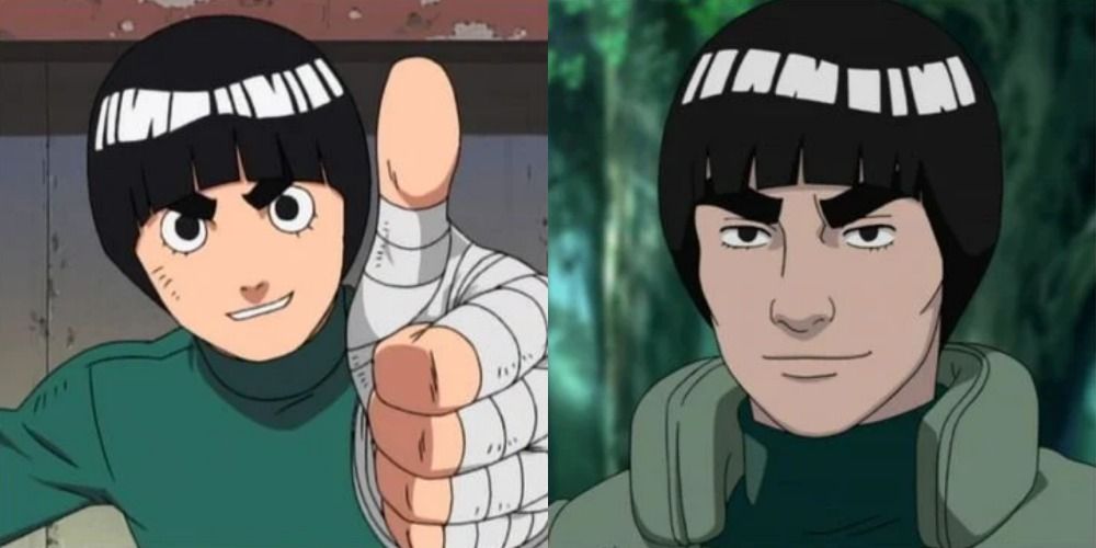 A split image depicts Rock Lee and Might Guy in the Naruto franchise
