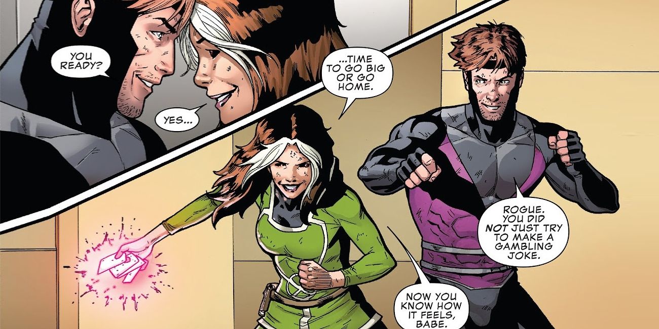 Rogue and Gambit prepare for battle in Marvel Comics.