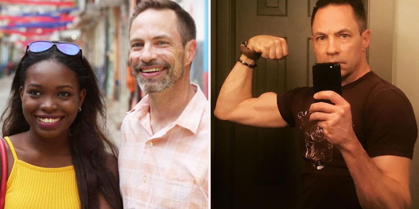 Split image of Abby and Sean smiling, and Sean flexing in a mirror