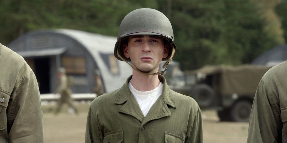 An image of Captain America before his transformation. He is shown to be wearing his army uniform
