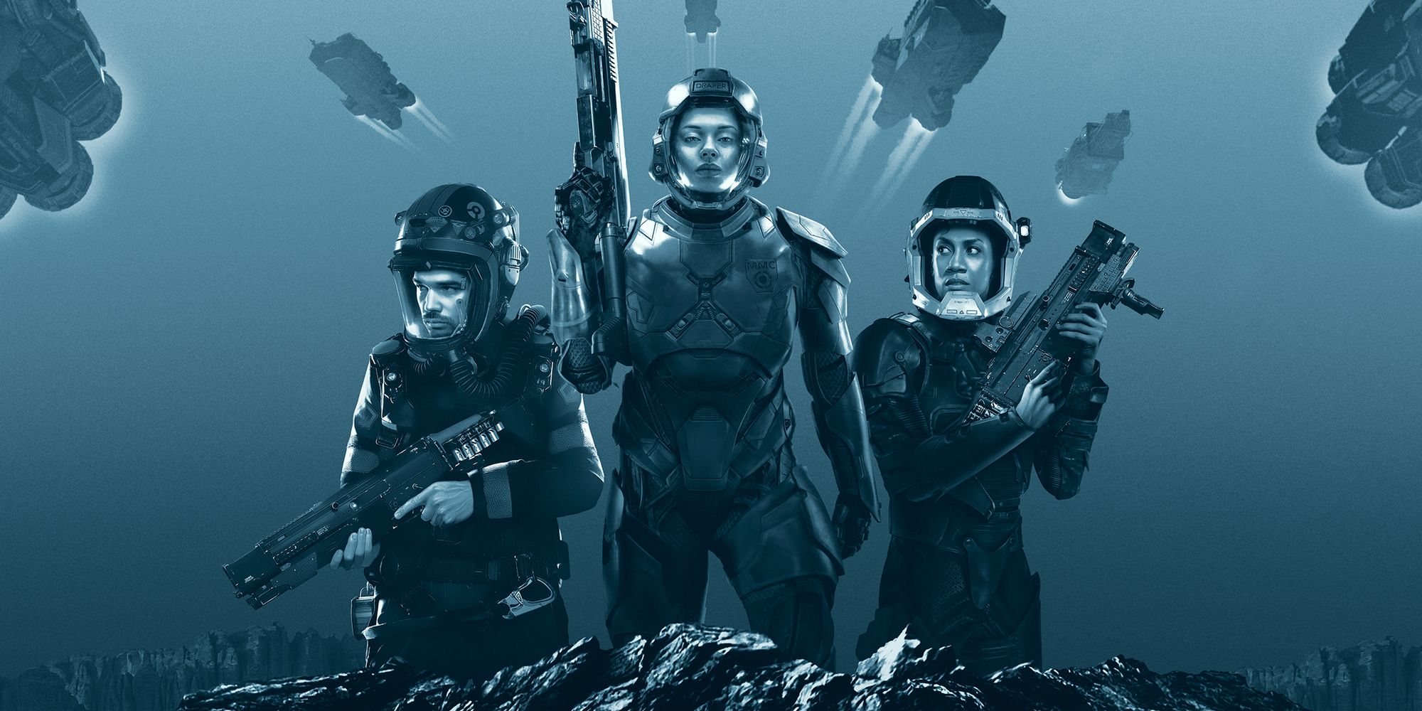 Promo image for The Expanse Season 3 of characters holding weapons