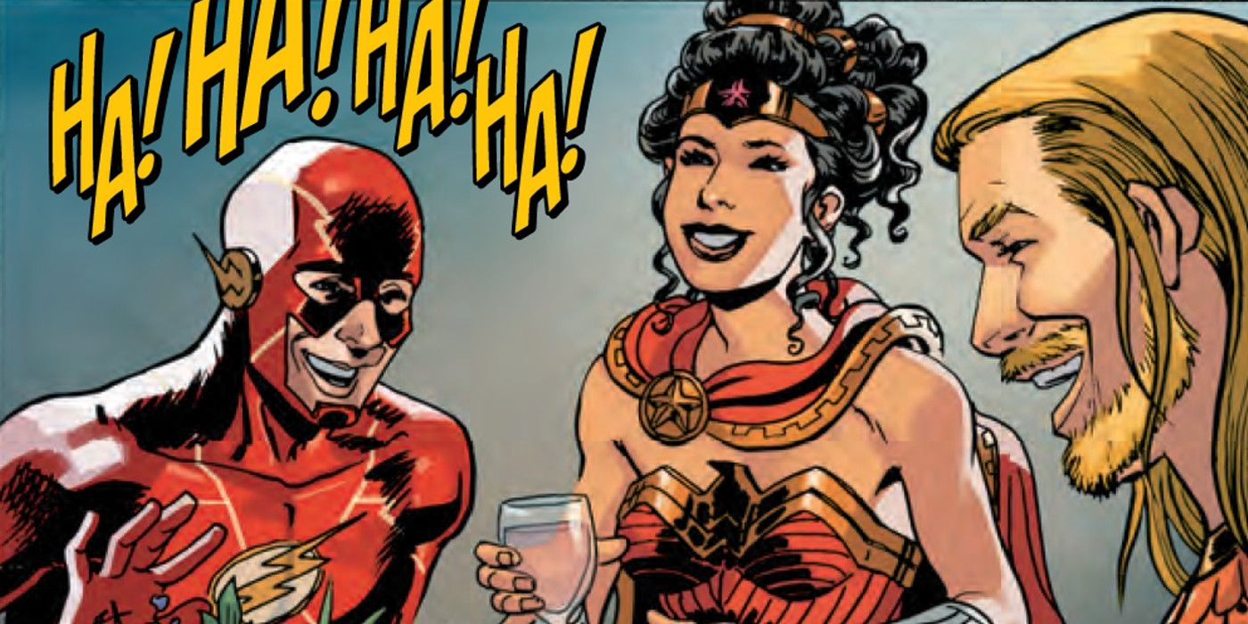 The Flash Wonder Woman and Aquaman laugh at JLA Roast
