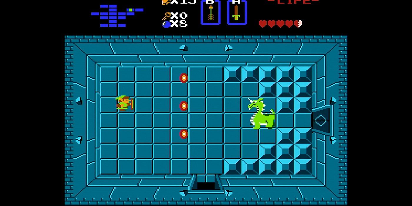 Uma captura de tela de Link lutando contra Aquamentus, o primeiro chefe do Legend of Zelda original para o NES.
