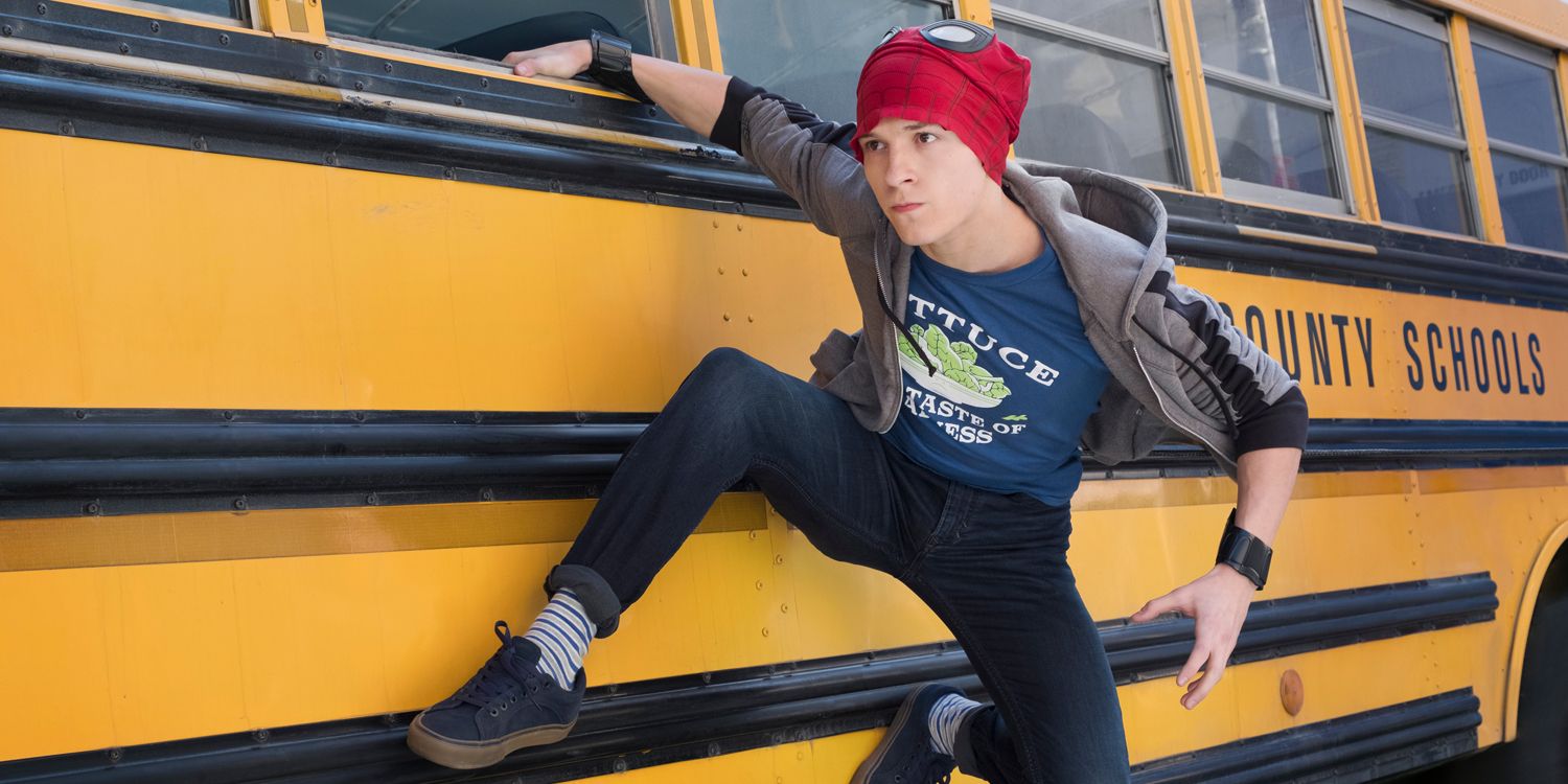 Peter Parker hanging outside of a school bus in Avengers: Infinity War