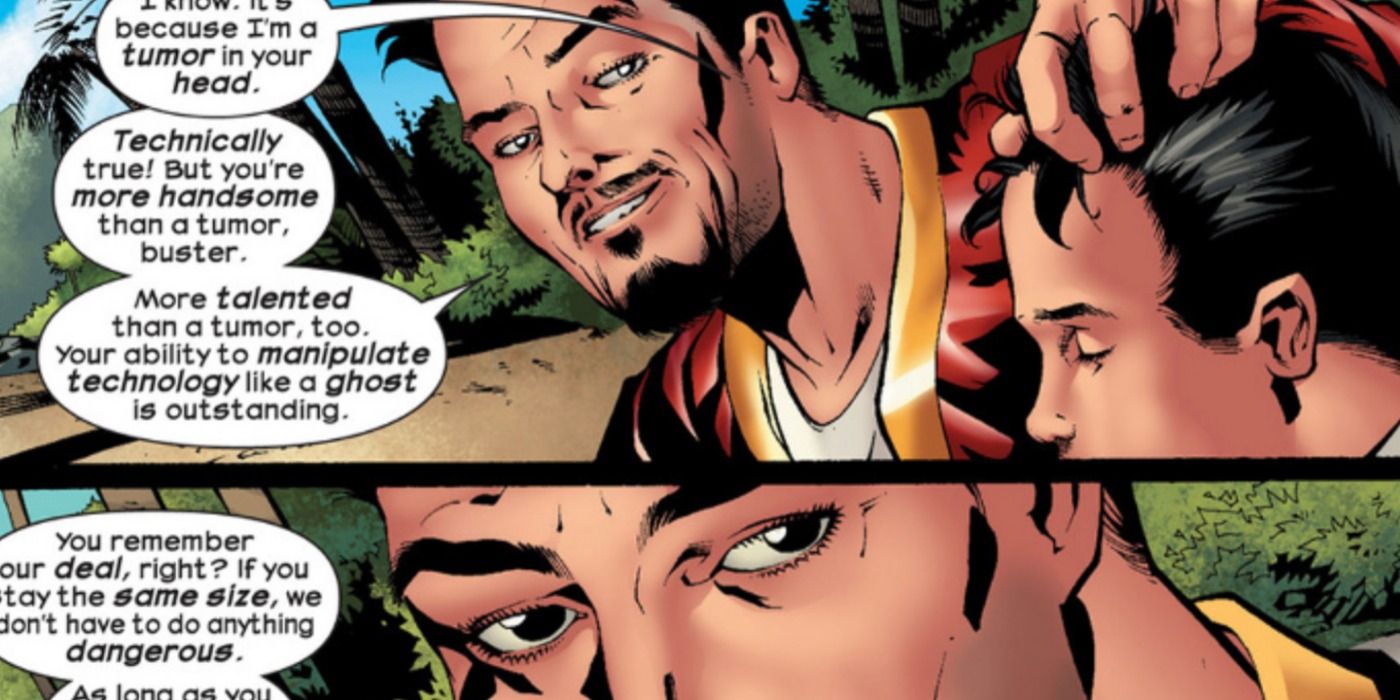 The Ultimate version of Tony Stark talks to his sentient brain tumor on the beach