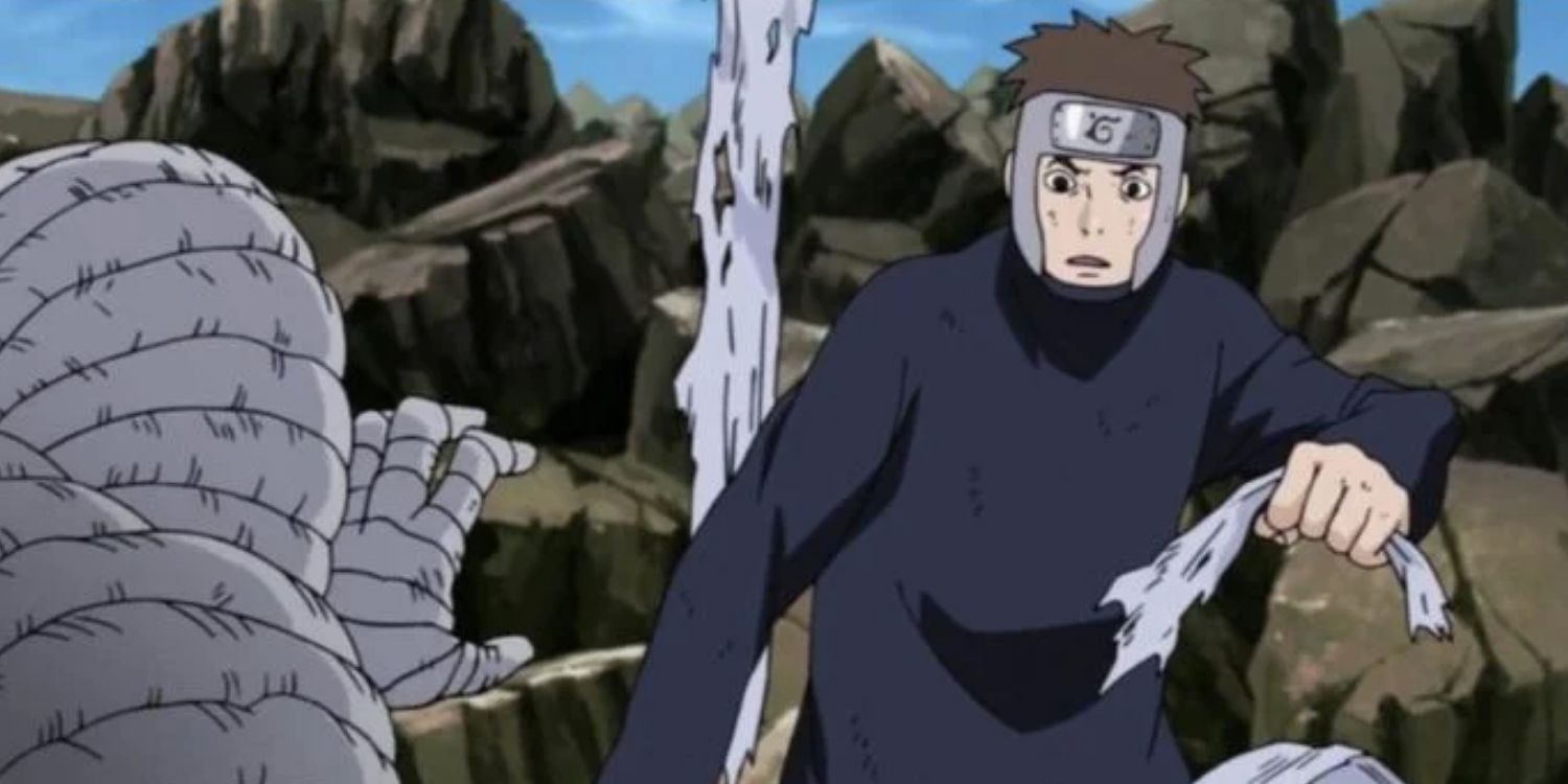 Yamato is surprised in battle as he rips fabric from an enemy in Naruto Shippuden