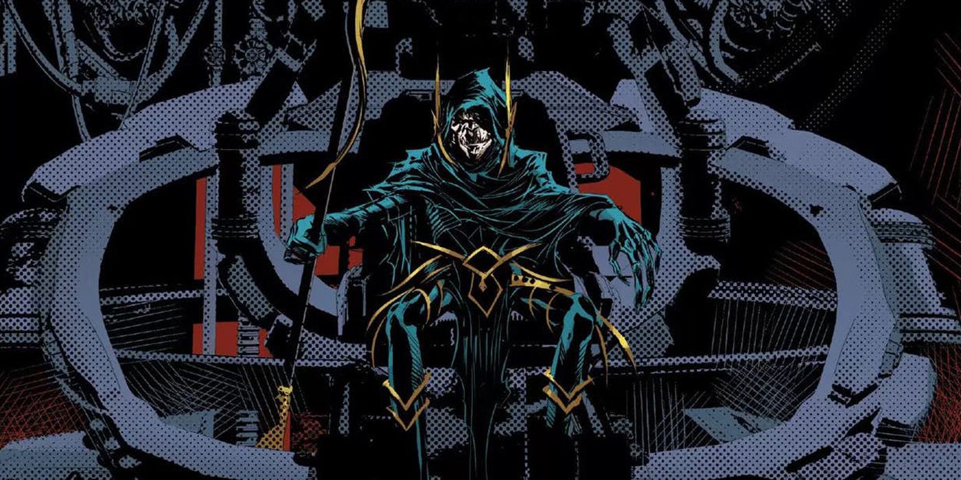 Corvus Glaive sits on his throne in Marvel Comics.