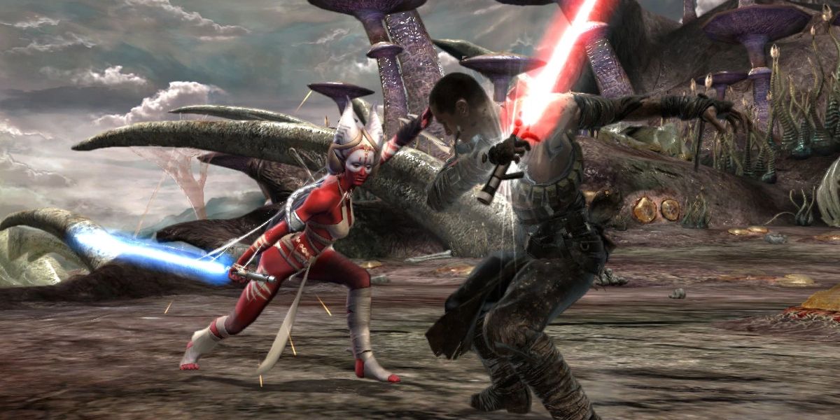 A screenshot of The Force Unleashed, showing the fight between Starkiller and Shaak Ti.
