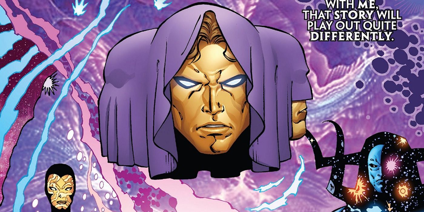 The Living Tribunal wears a purple headdress as it floats in space in Marvel Comics.