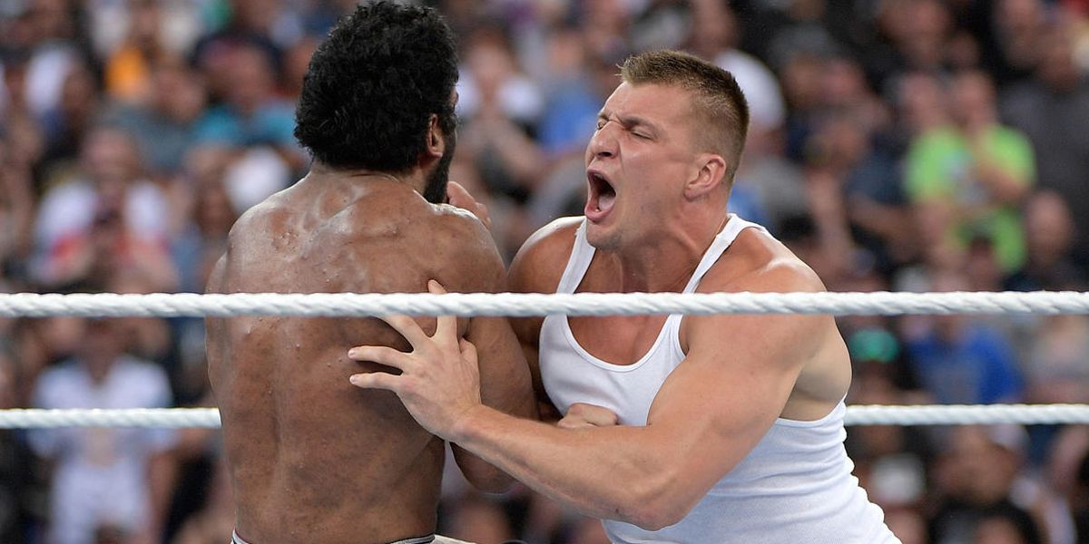 NFL star Rob Gronkowski tackles Jinder Mahal during the Andre the Giant Memorial Battle Royal at Wrestlemania