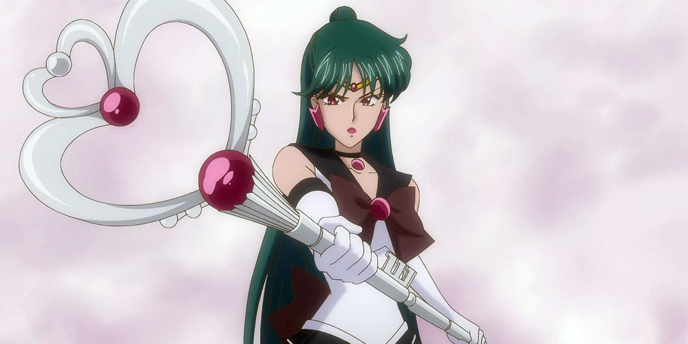 Sailor Pluto brandishing her staff in front of a misty background in Sailor Moon Crystal