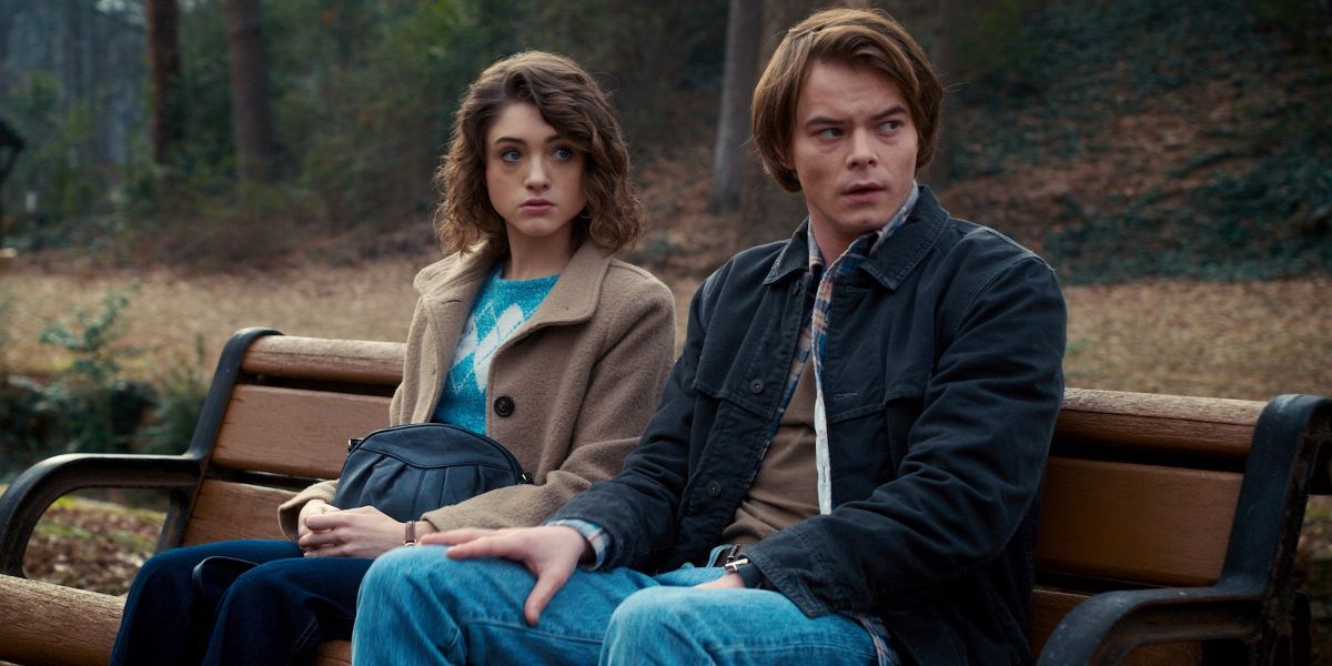 Natalia Myer and Charlie Heaton as Nancy and Jonathan in Stranger Things
