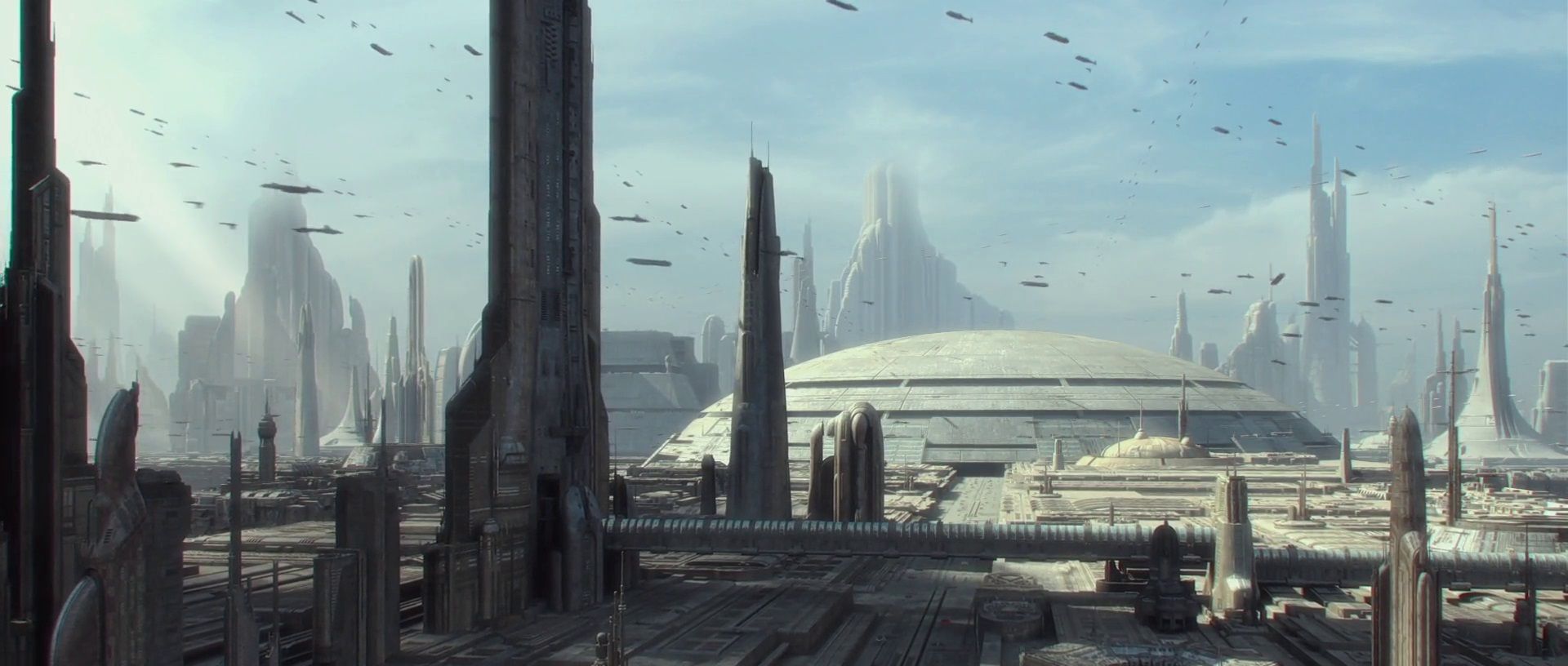 A shot of the the metropolis skyline on Coruscant in Star Wars