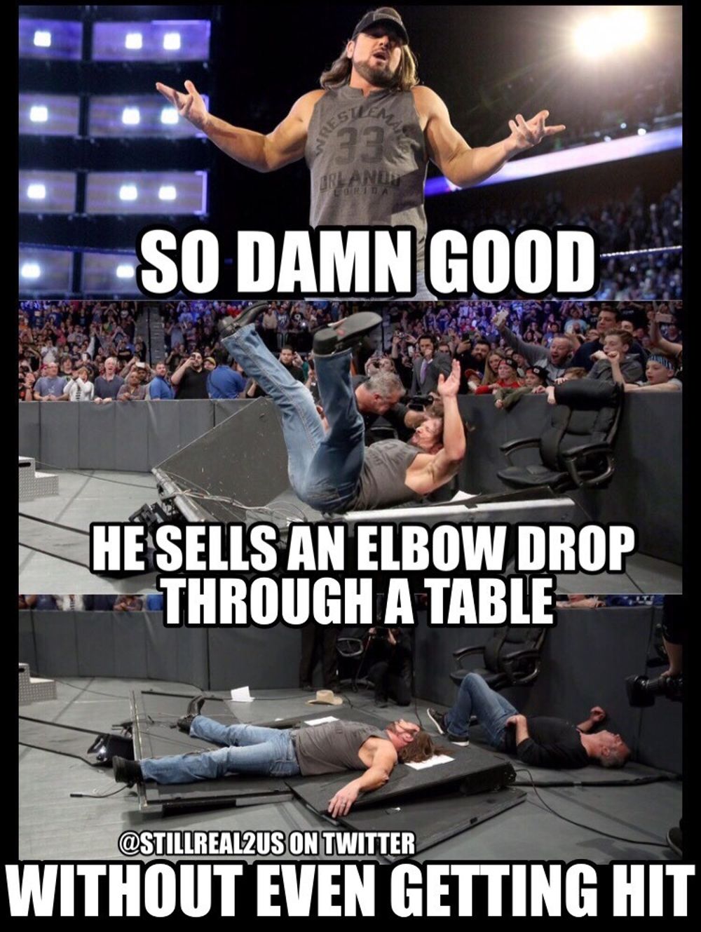 A meme about AJ Styles and Shane McMahon